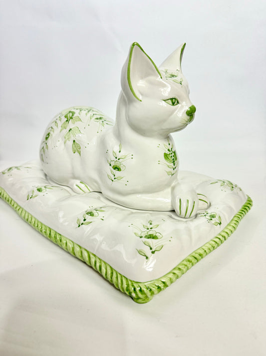 Large Italian Ceramic Green and White Hand Painted Cat | Vintage