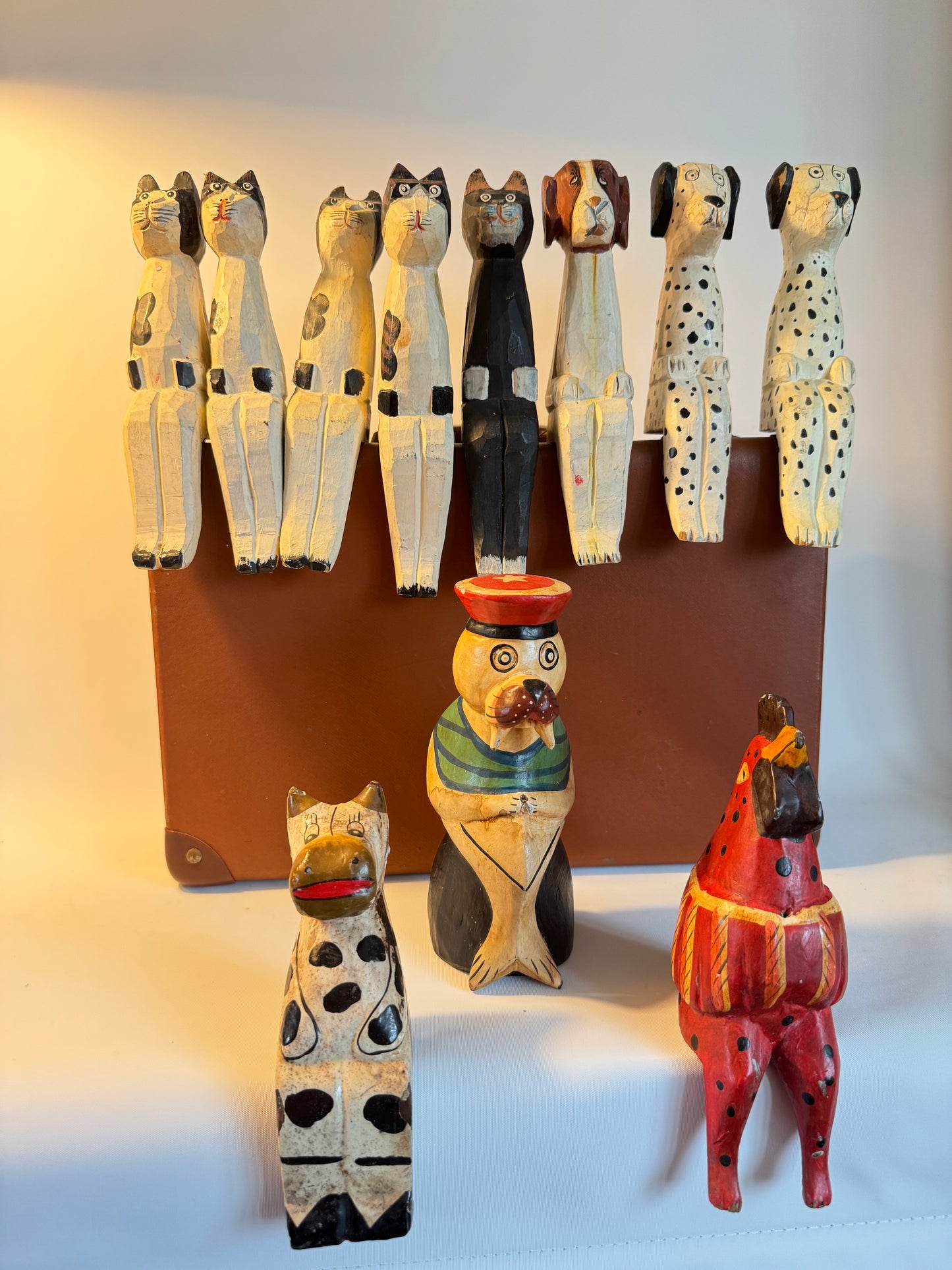 Hand Carved & Painted Shelf Sitter Animals | Folk Art | Vintage Retro Quirky | Cat Dog Cow Seal Rooster |