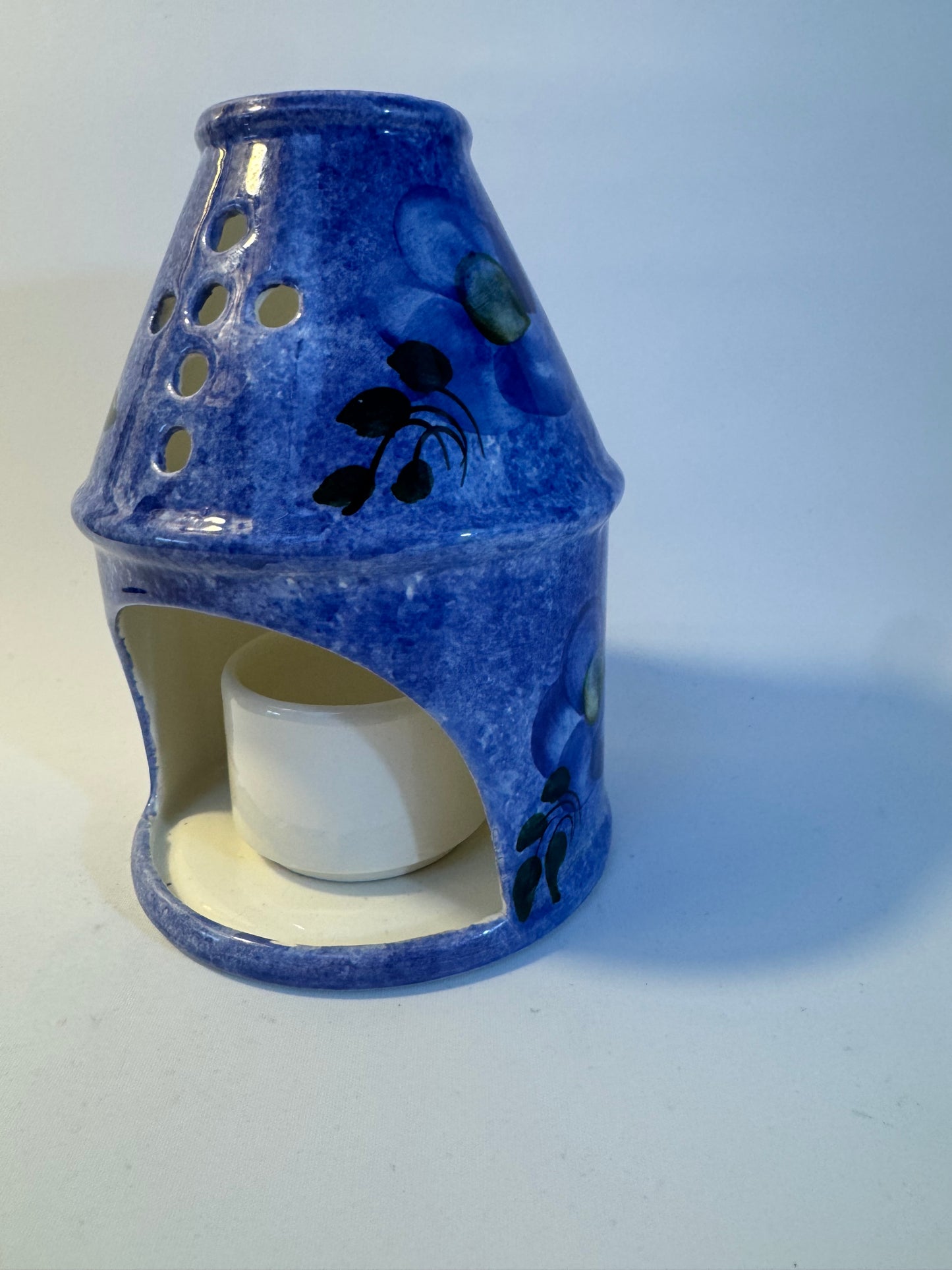 Ceramic Blue Handpainted Tealight Candle Holder | Votive | Blue Floral | Holy Cross Religious |