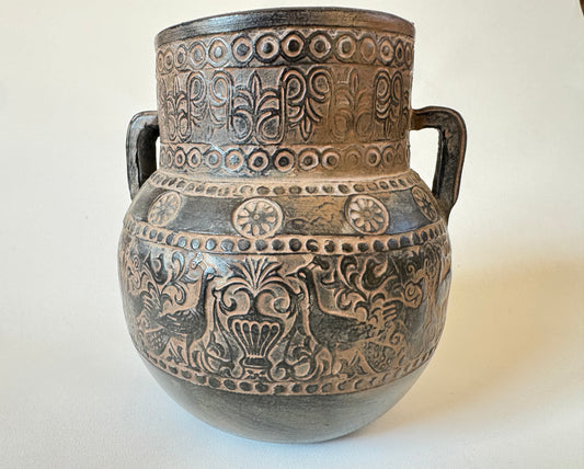 Greek Pottery Vase | Double Handled Urn Style Vase | Grecian | Mid Century MCM | Bird Pattern |