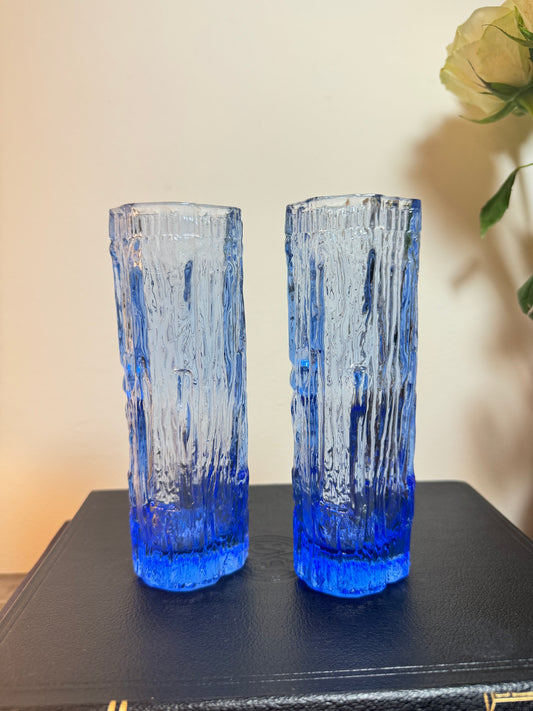 Ravenhead Vintage Blue Vases | Art Glass | Ravenhead Bark Textured Glass | Retro Mid Century | 70s | Pair |