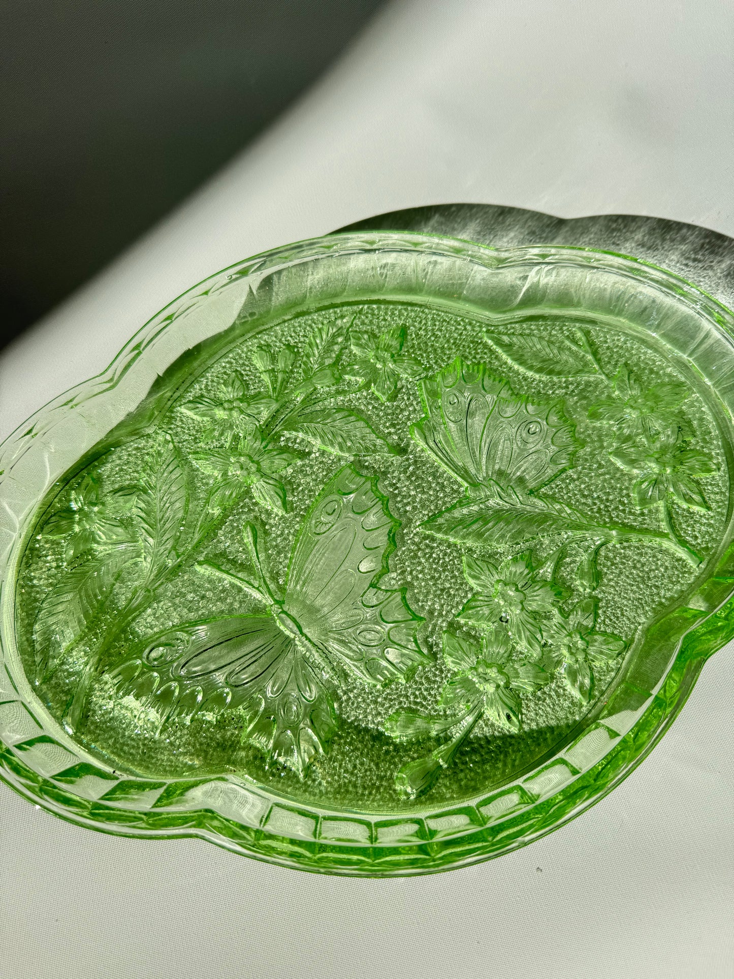 Green Cut Glass Vanity Tray | Butterfly Floral Pattern | Dressing Table | Retro Unique |