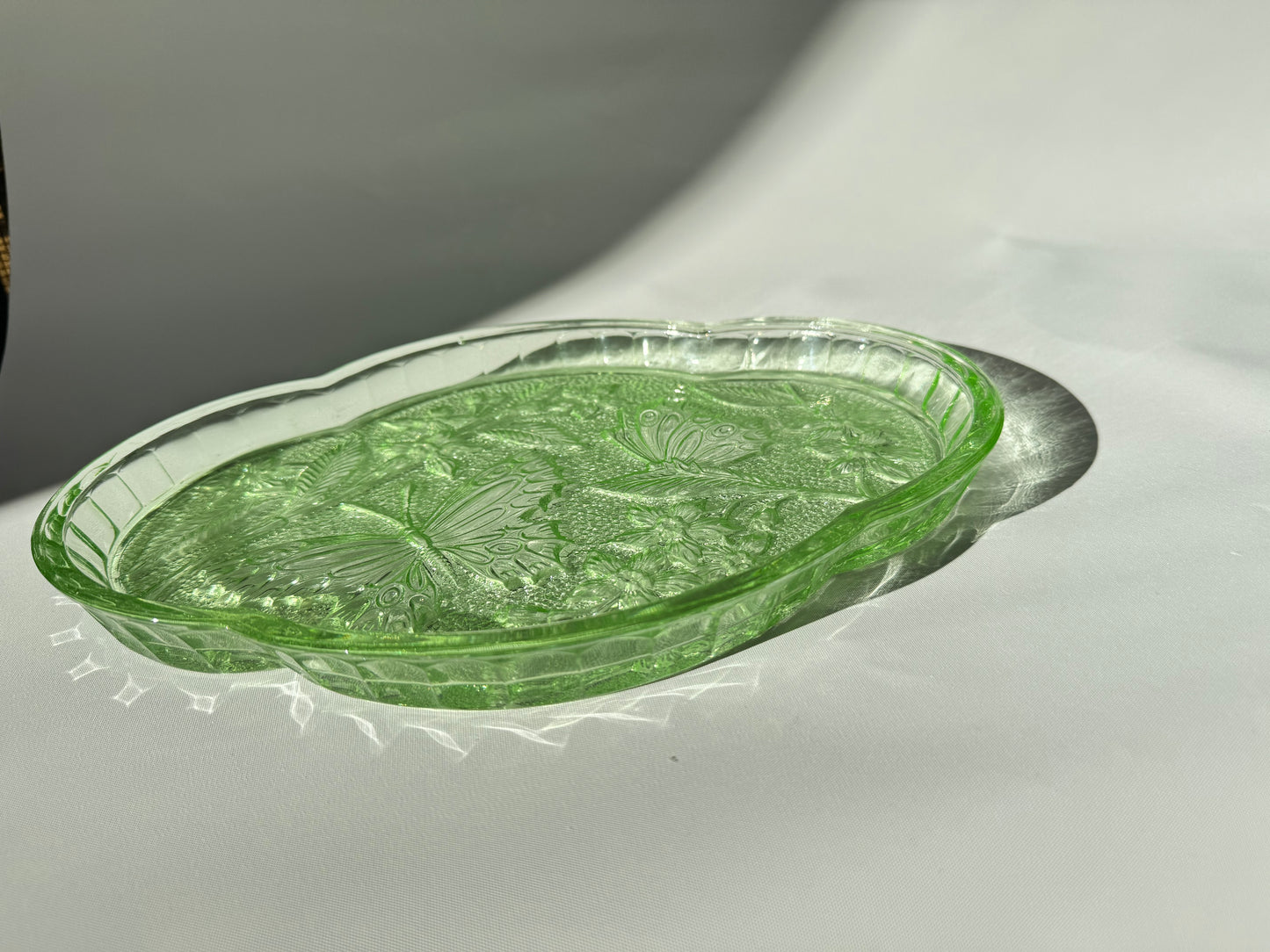 Green Cut Glass Vanity Tray | Butterfly Floral Pattern | Dressing Table | Retro Unique |