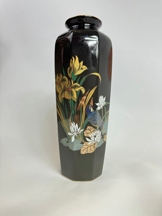 Large Black Porcelain Vase with Gold and Floral Detail | Vintage