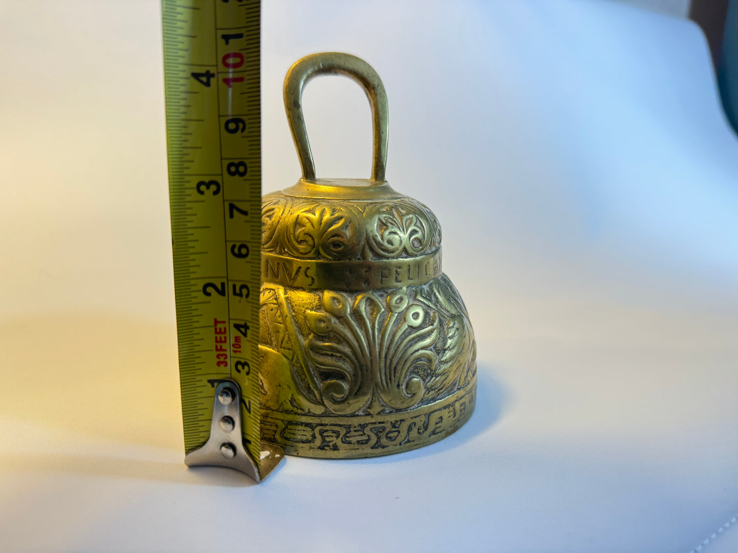 Solid Brass Church Sanctuary Bell With latin engraving | Cute Kitsch | Vintage Kitchenware Kitchenalia | Gold |