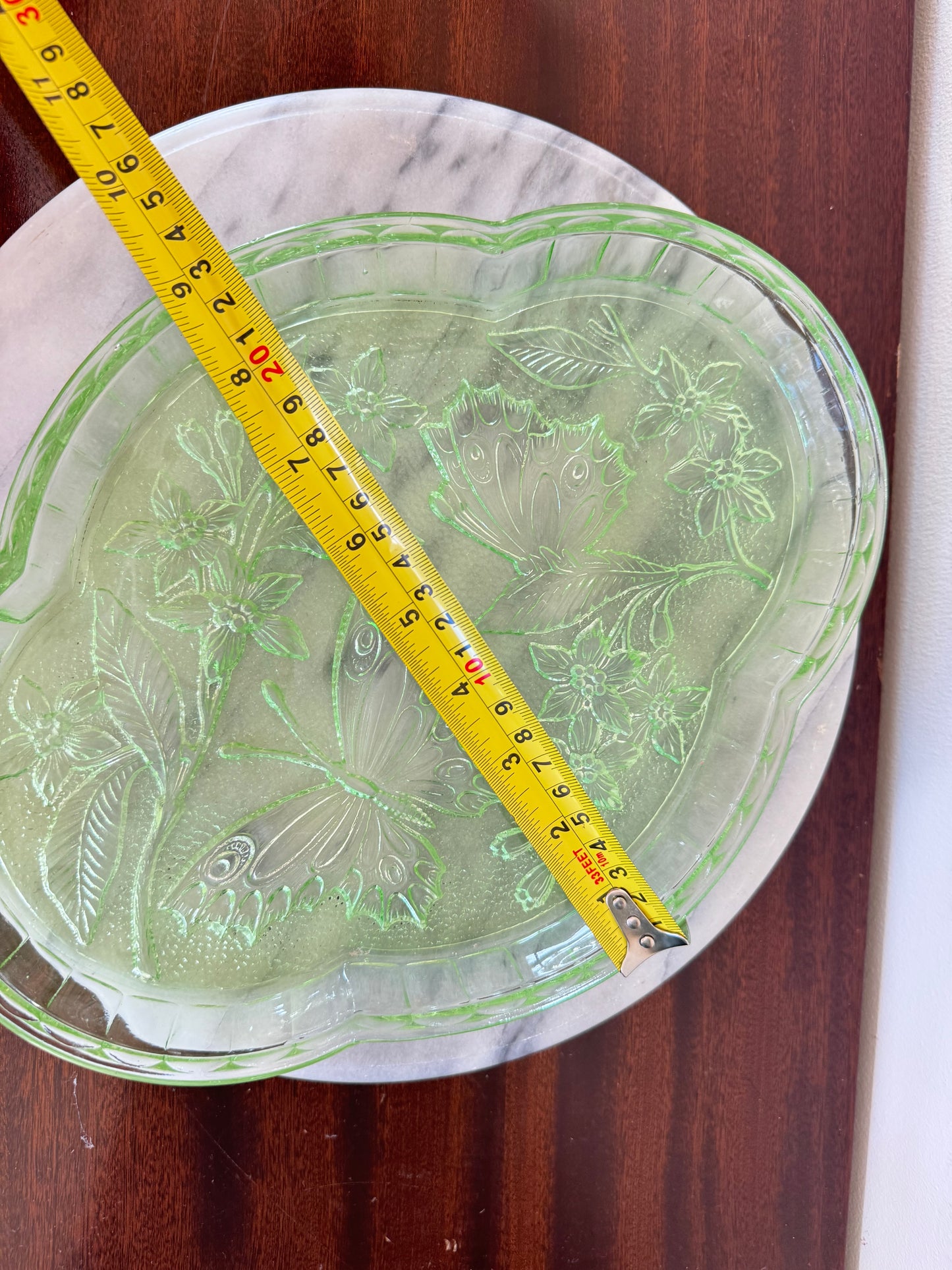 Green Cut Glass Vanity Tray | Butterfly Floral Pattern | Dressing Table | Retro Unique |