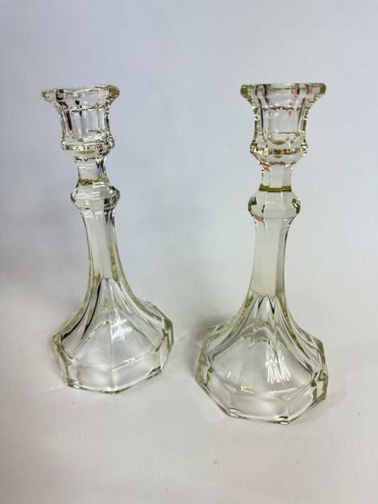 Thick Cut Glass Candlestick Holders | Set of 2 | Vintage Retro |