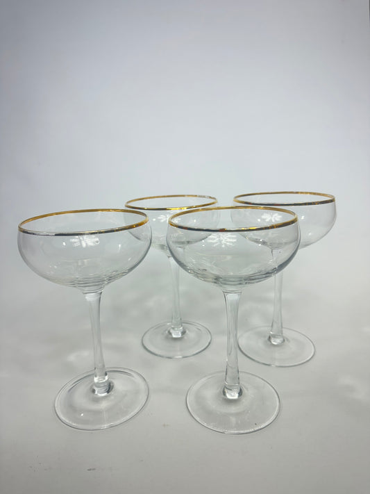 Set of 4 Vintage Martini Coupe/Cocktail Glasses with Gold Rim | Barware | Retro