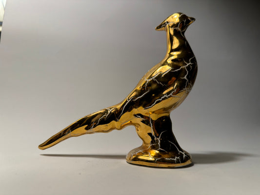 22K Handpainted Gold Ceramic Pheasant Statue Ornament | Canada | Vintage Retro |