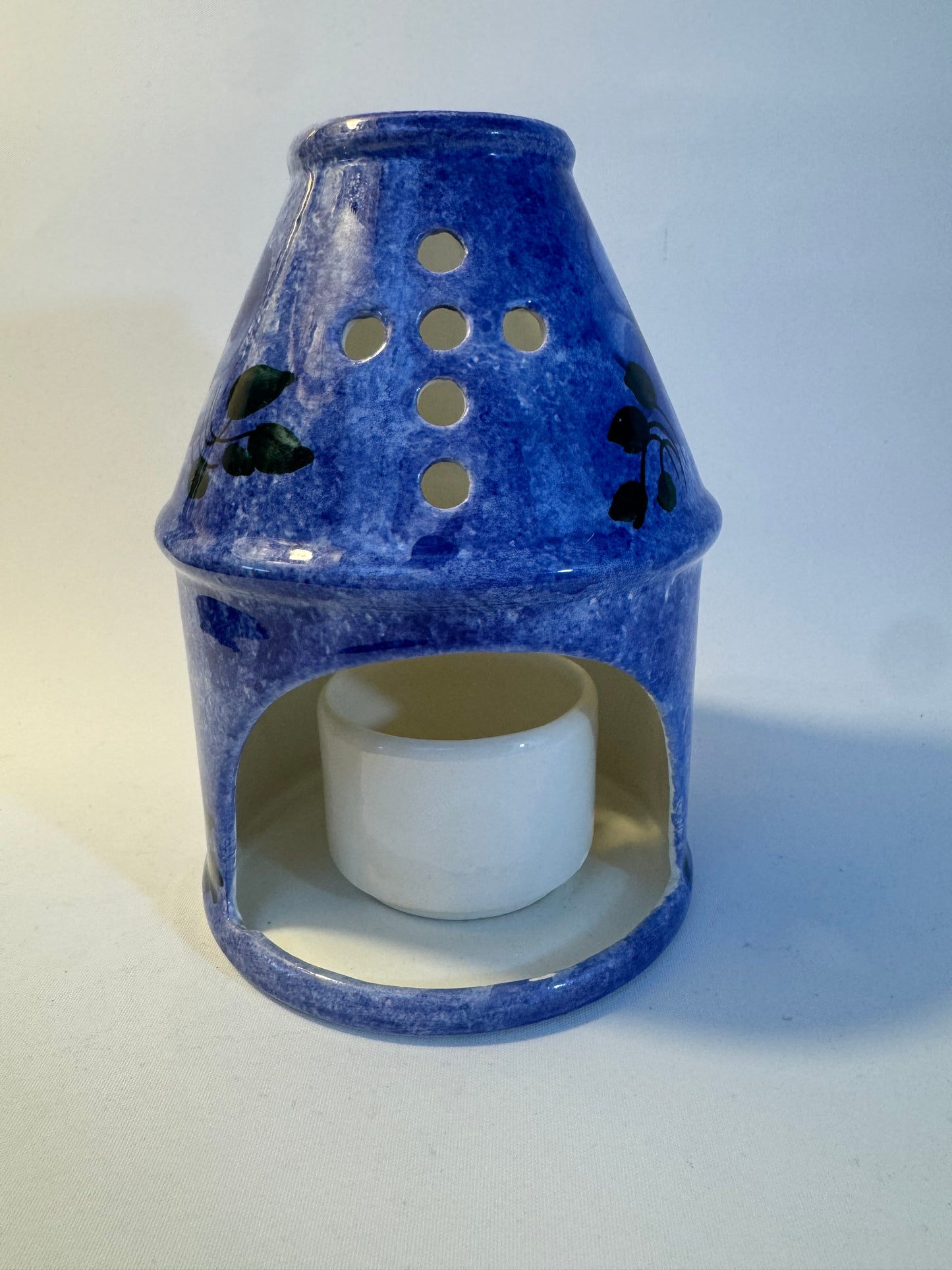 Ceramic Blue Handpainted Tealight Candle Holder | Votive | Blue Floral | Holy Cross Religious |