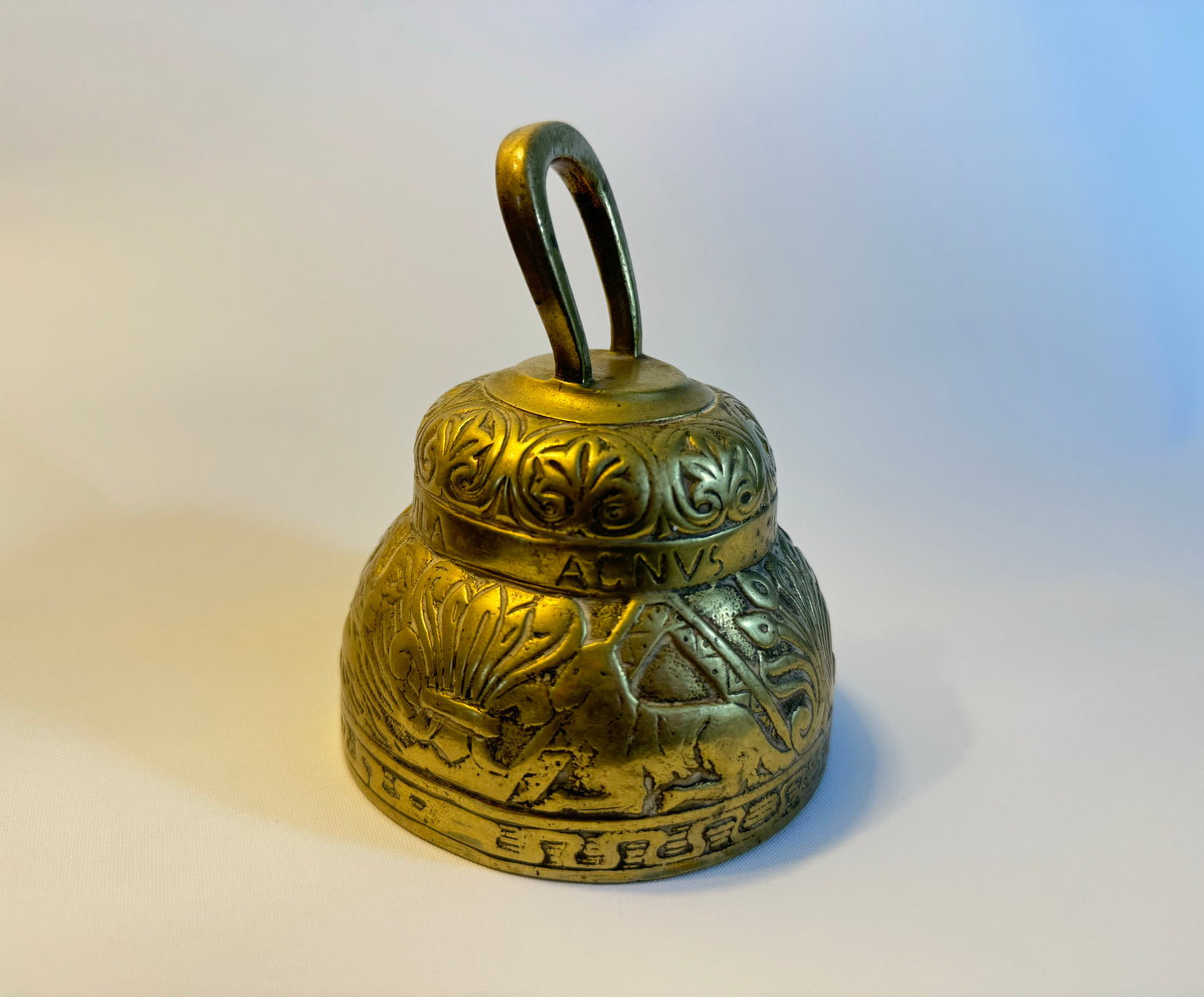 Solid Brass Church Sanctuary Bell With latin engraving | Cute Kitsch | Vintage Kitchenware Kitchenalia | Gold |