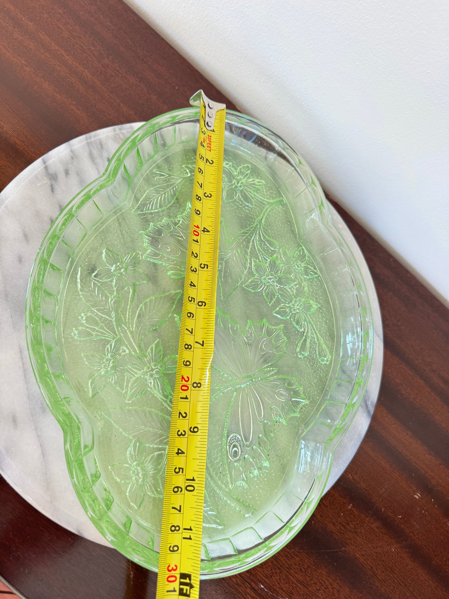 Green Cut Glass Vanity Tray | Butterfly Floral Pattern | Dressing Table | Retro Unique |