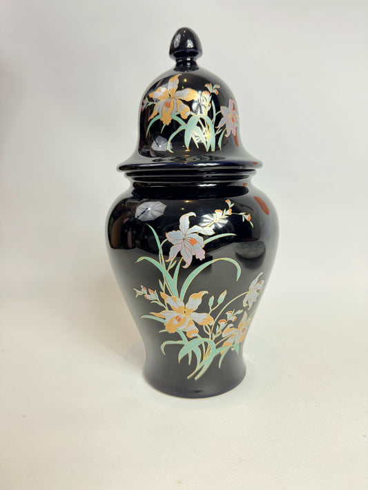 Large Italian Black Porcelain Ginger Jar with Gold and Floral Detail | Vintage