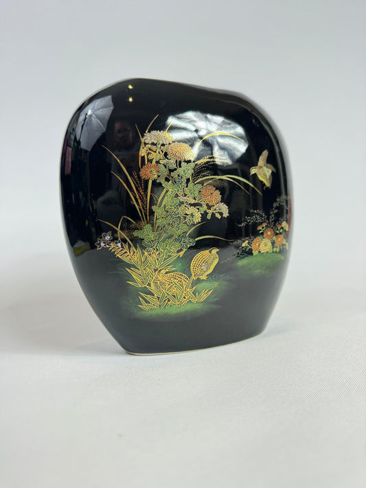 Black Ceramic Flat Vase with Gold and Floral Detail | Vintage Retro |