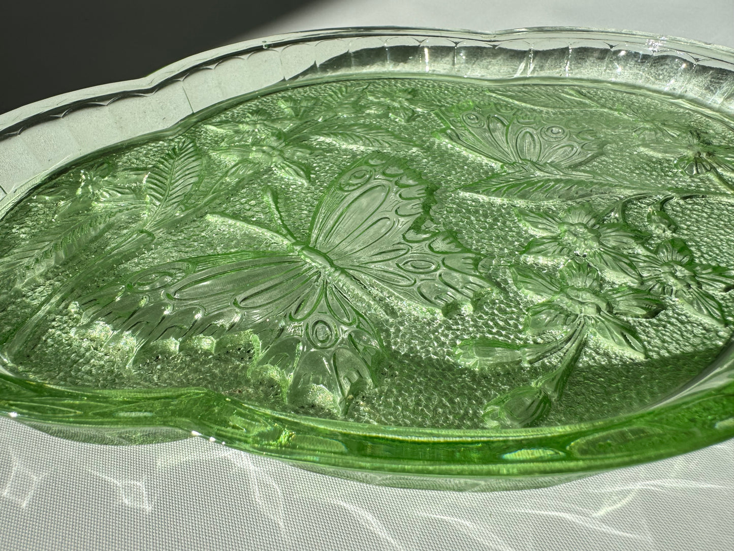 Green Cut Glass Vanity Tray | Butterfly Floral Pattern | Dressing Table | Retro Unique |