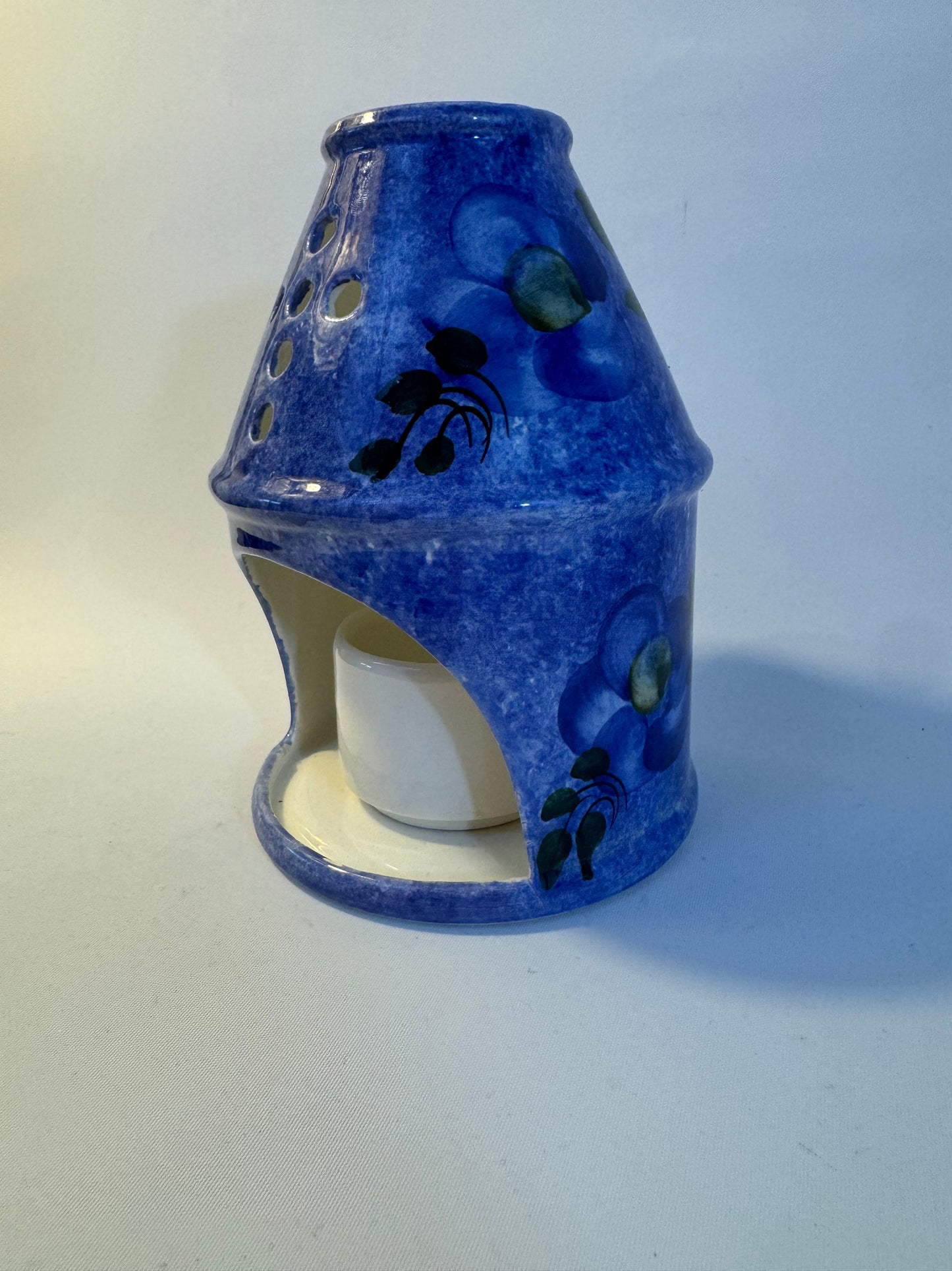 Ceramic Blue Handpainted Tealight Candle Holder | Votive | Blue Floral | Holy Cross Religious |