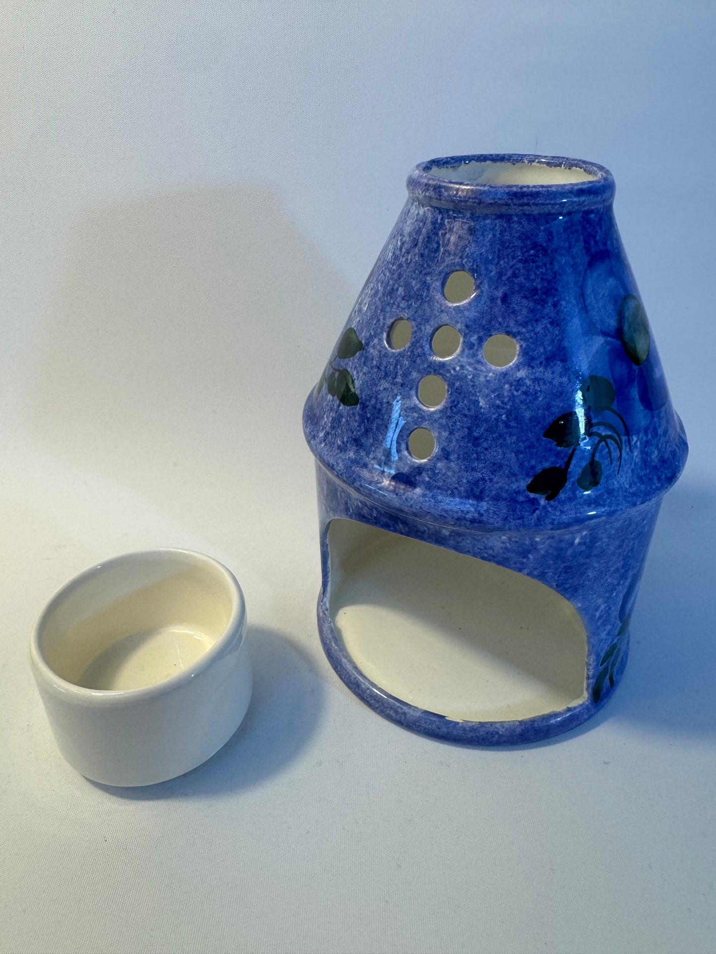 Ceramic Blue Handpainted Tealight Candle Holder | Votive | Blue Floral | Holy Cross Religious |