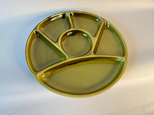 Sectional Glazed Plate Platter | Fondue Plate | Bento Box Plate | Made in Japan | Vintage Retro | 70s | Green | Burnt Orange |