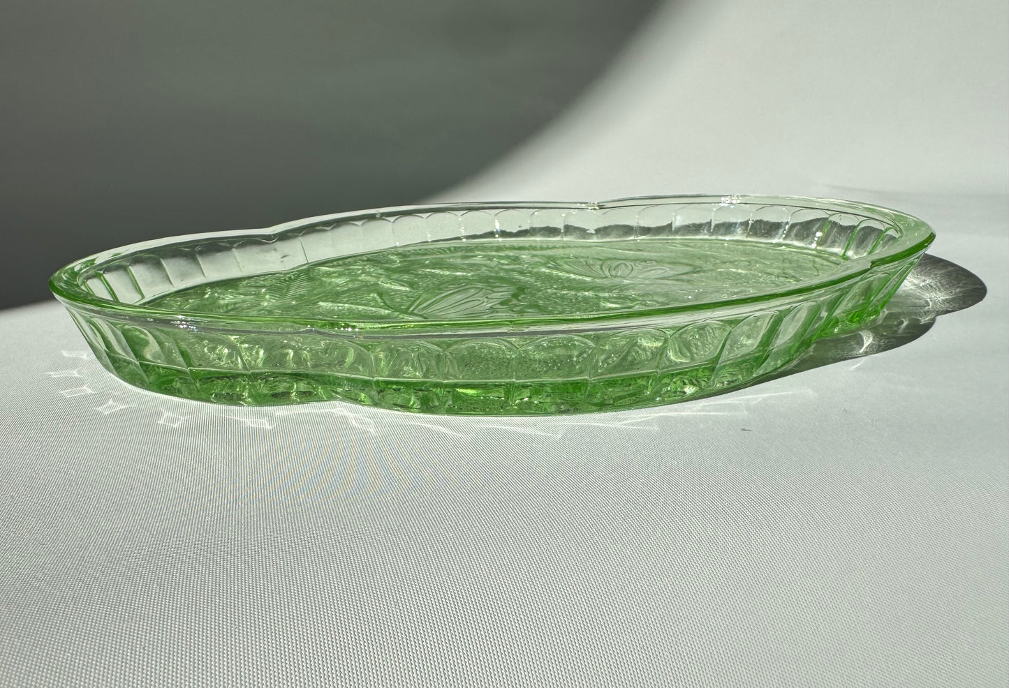 Green Cut Glass Vanity Tray | Butterfly Floral Pattern | Dressing Table | Retro Unique |