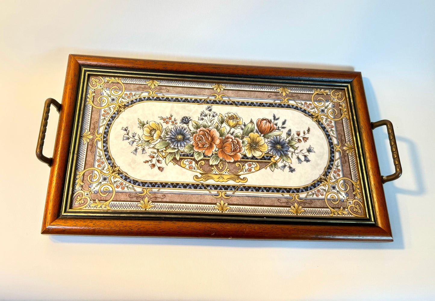 Victorian Style Tile & Wood Tray with Floral Design | Afternoon Tea | Prop Set Dressing | Antique |