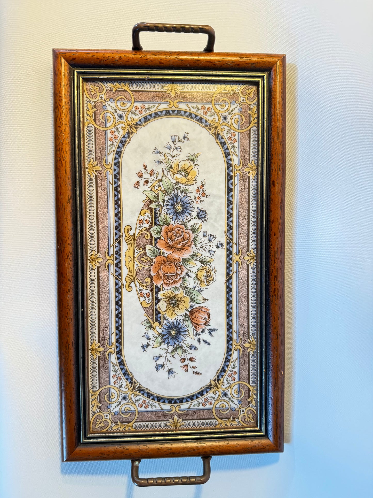 Victorian Style Tile & Wood Tray with Floral Design | Afternoon Tea | Prop Set Dressing | Antique |