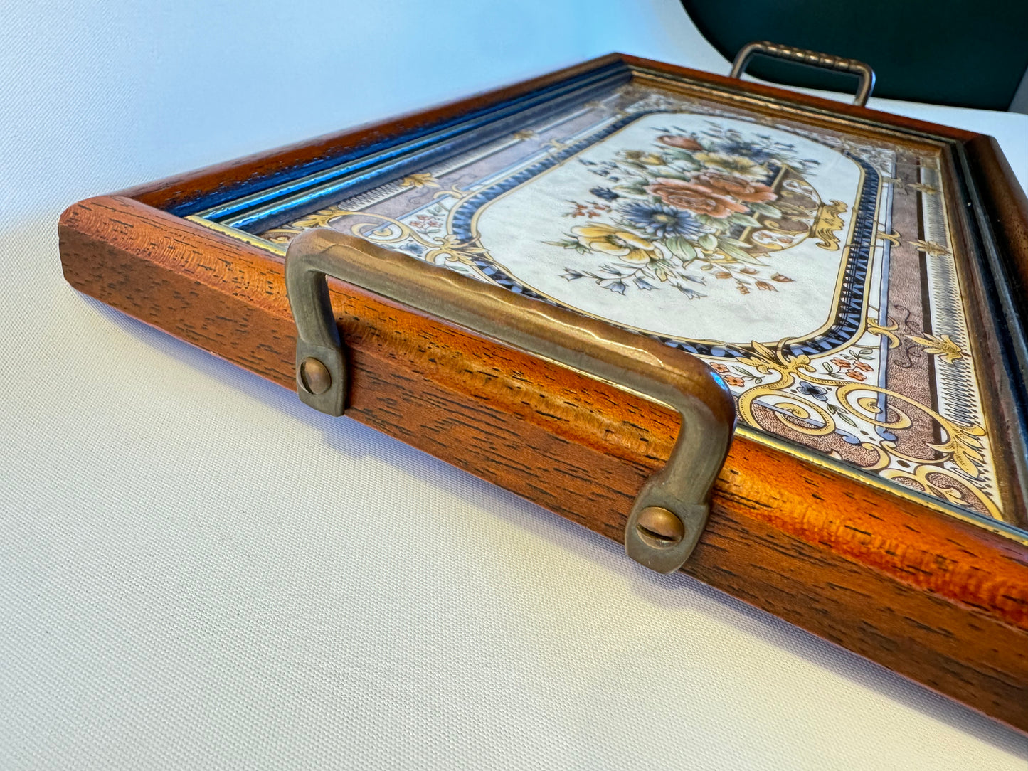 Victorian Style Tile & Wood Tray with Floral Design | Afternoon Tea | Prop Set Dressing | Antique |