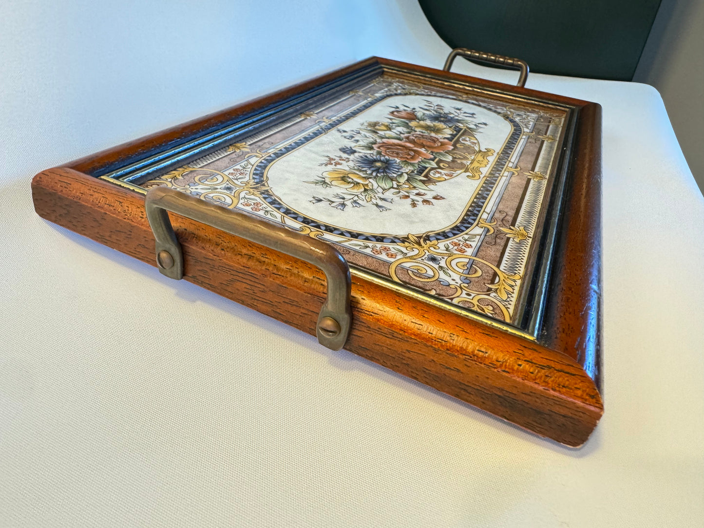 Victorian Style Tile & Wood Tray with Floral Design | Afternoon Tea | Prop Set Dressing | Antique |