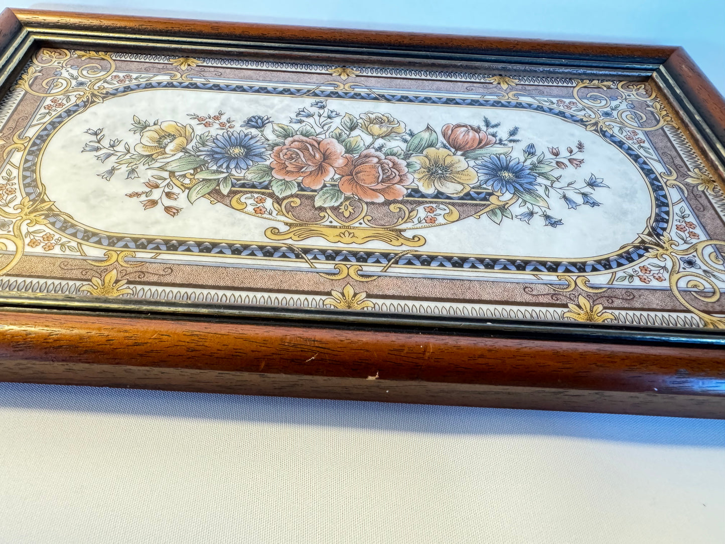 Victorian Style Tile & Wood Tray with Floral Design | Afternoon Tea | Prop Set Dressing | Antique |